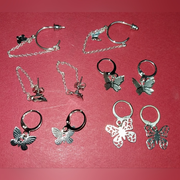 5 pairs of silver tone butterfly pierced earrings - Picture 2 of 14